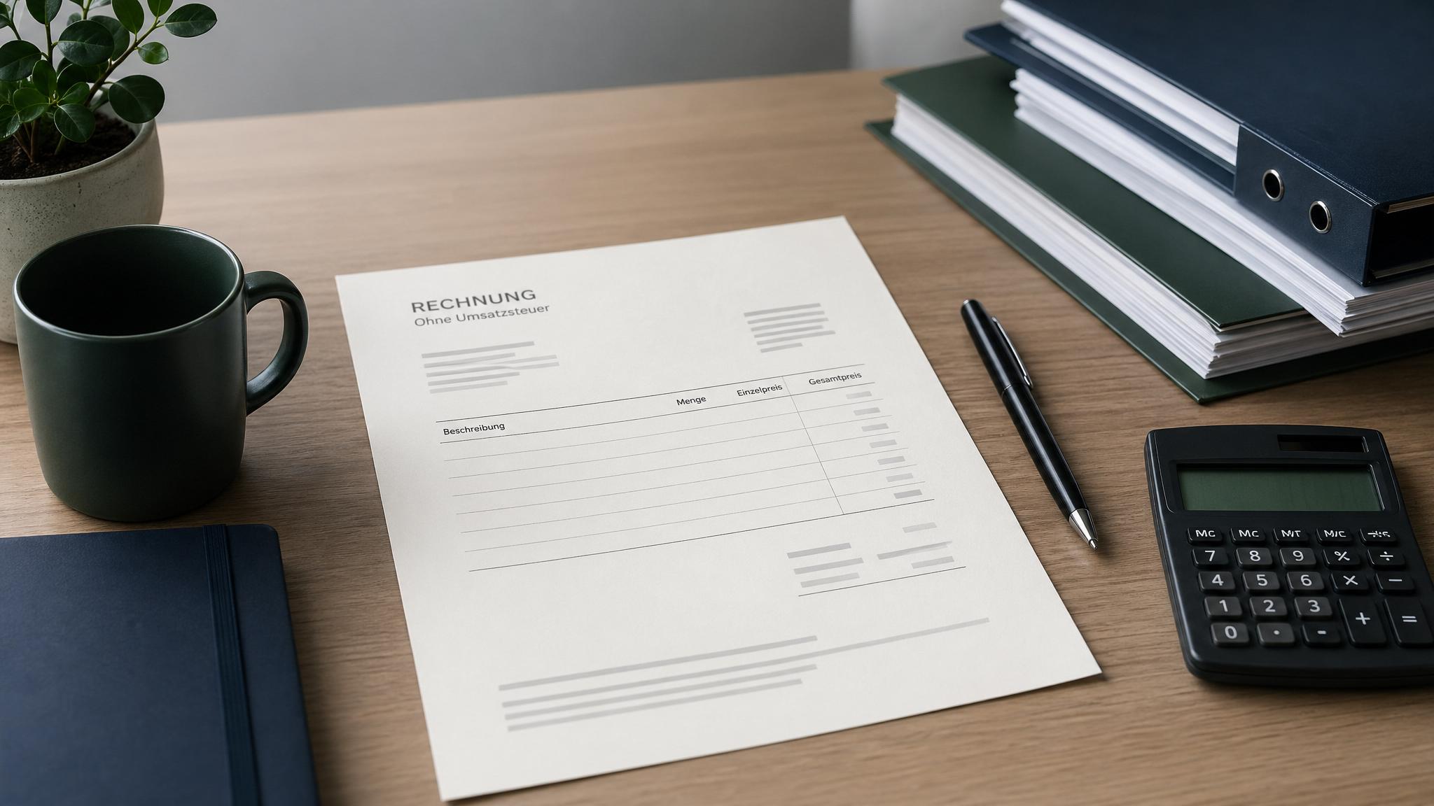 Rechnung ohne Mehrwertsteuer Vorlage mit Rechner und Stift