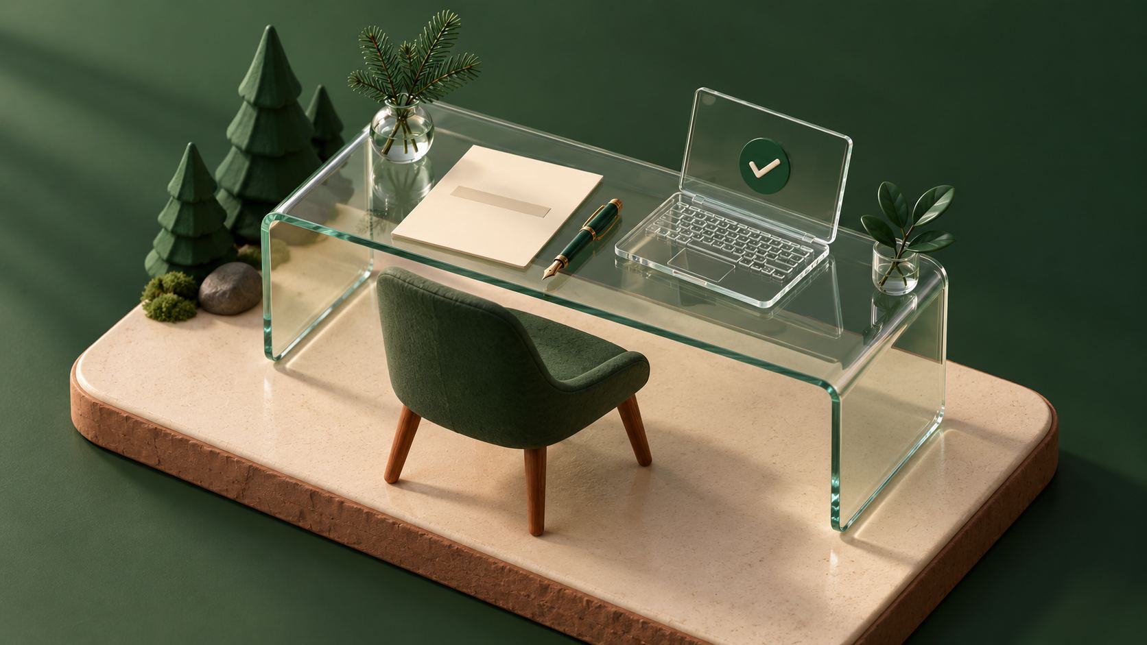 Isometrische Tonplatte mit gläsernem Schreibtisch: ein leerer Papierbogen, ein Füller und ein Glas-Laptop mit Häkchen, daneben kleine Tannen