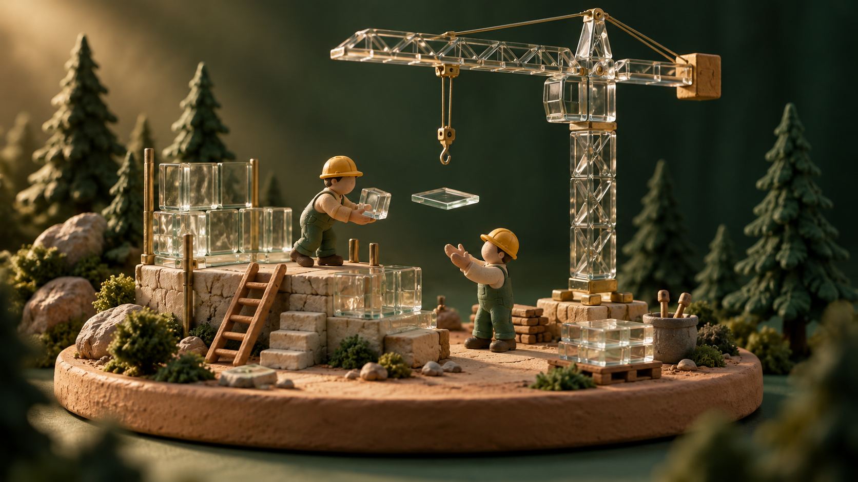 Isometrische Tonplatte mit kleiner Baustelle: eine Tonfigur reicht einen Glasbaustein an eine zweite weiter, darüber ein Glaskran mit schwebender Glasplatte
